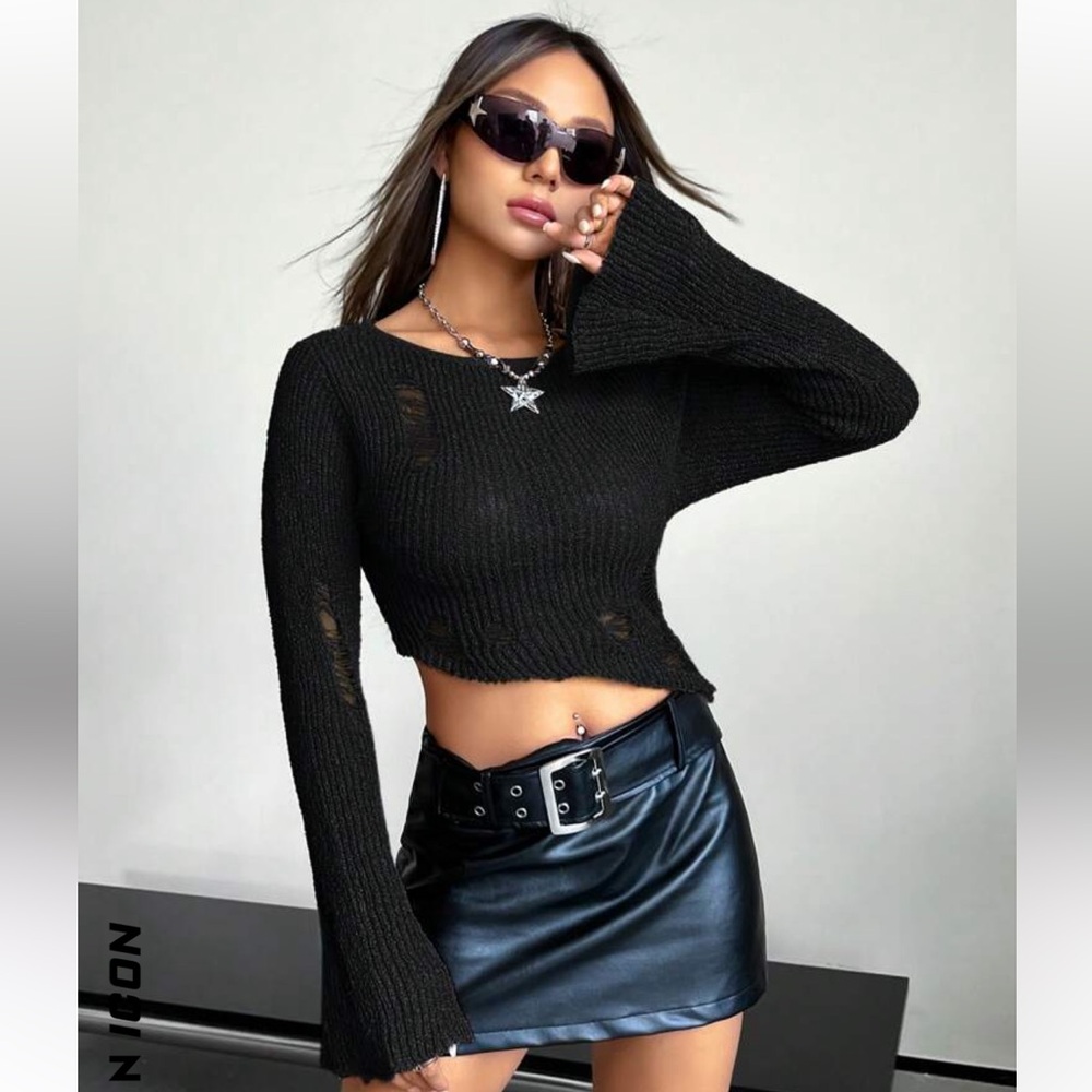 🩷 shein icon y2k grunge solid flare sleeve ripped crop sweater, long sleeve tops